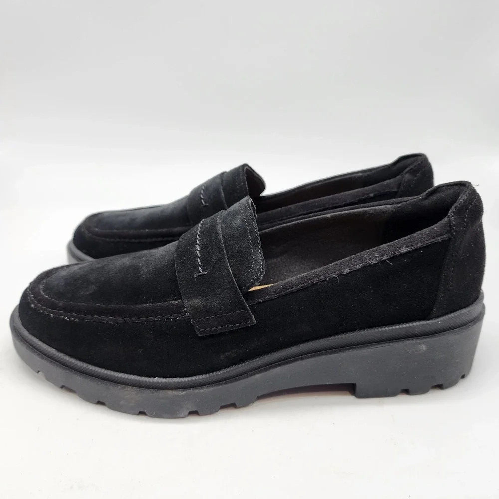 Clarks Calla Ease Loafers Women's 9 Black Suede Platform Lug Sole